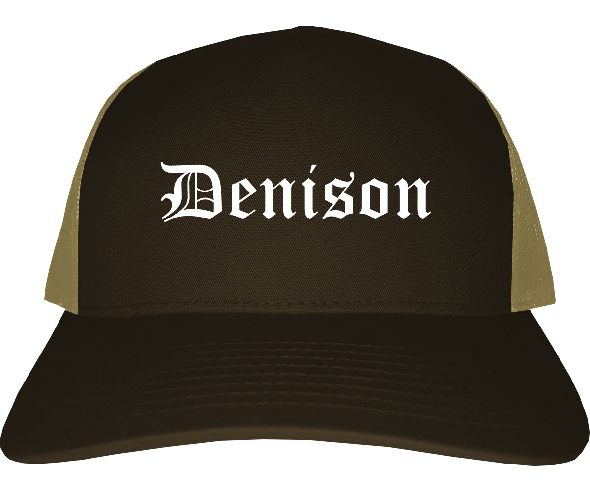 Denison Iowa IA Old English Mens Trucker Hat Cap Brown