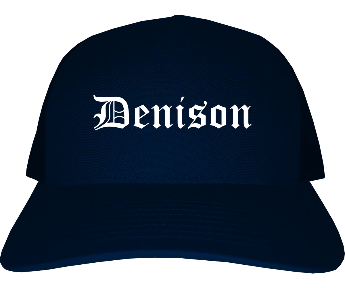 Denison Iowa IA Old English Mens Trucker Hat Cap Navy Blue