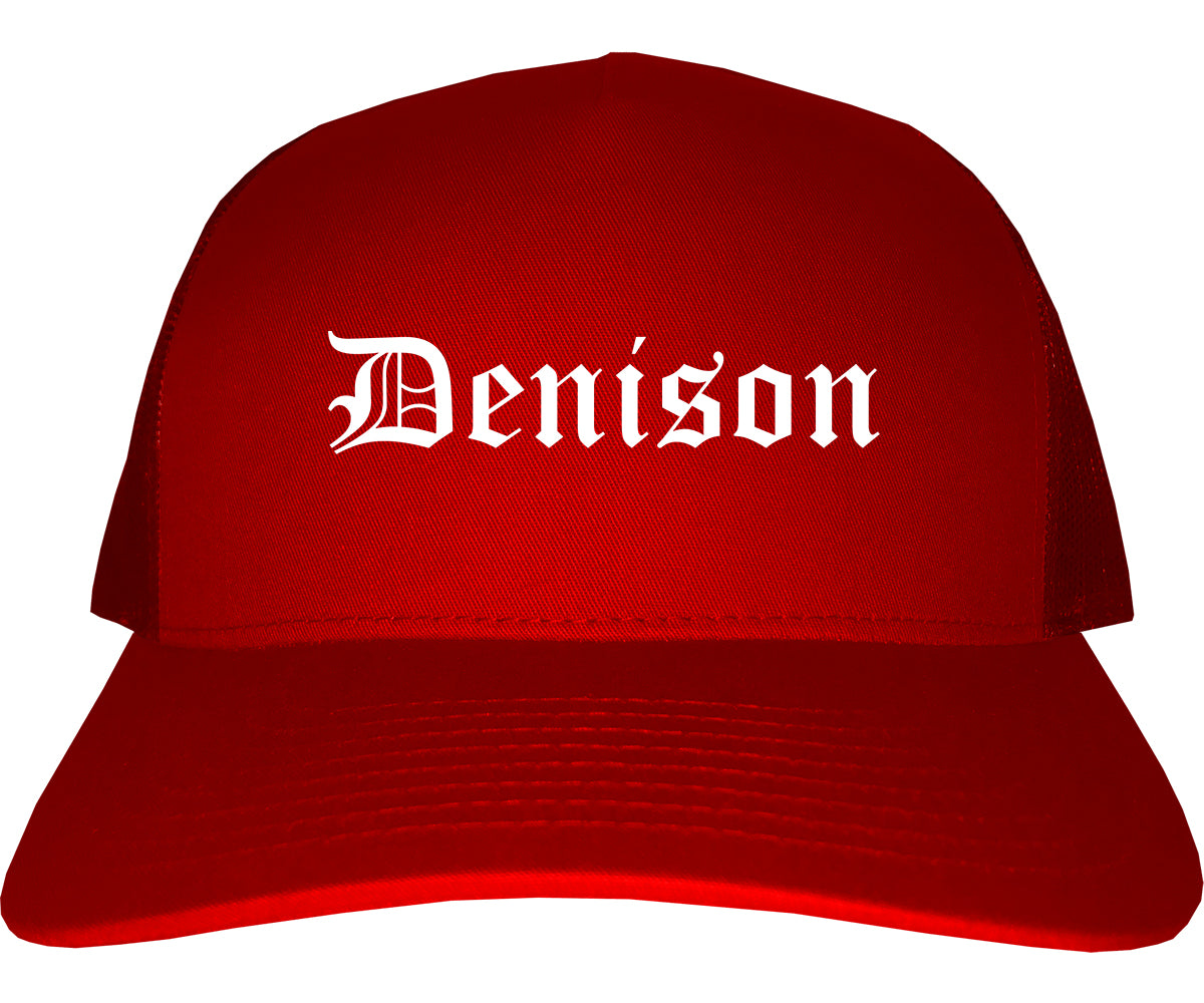 Denison Iowa IA Old English Mens Trucker Hat Cap Red