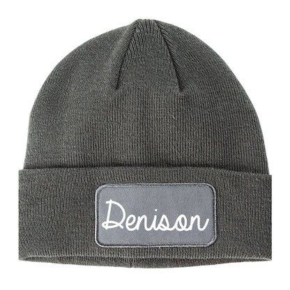Denison Iowa IA Script Mens Knit Beanie Hat Cap Grey