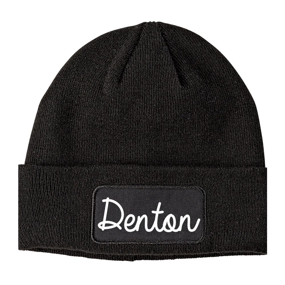 Denton Texas TX Script Mens Knit Beanie Hat Cap Black