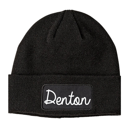 Denton Texas TX Script Mens Knit Beanie Hat Cap Black