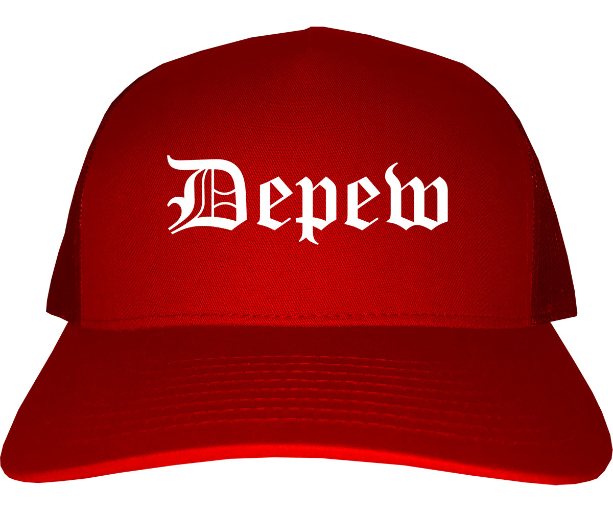 Depew New York NY Old English Mens Trucker Hat Cap Red