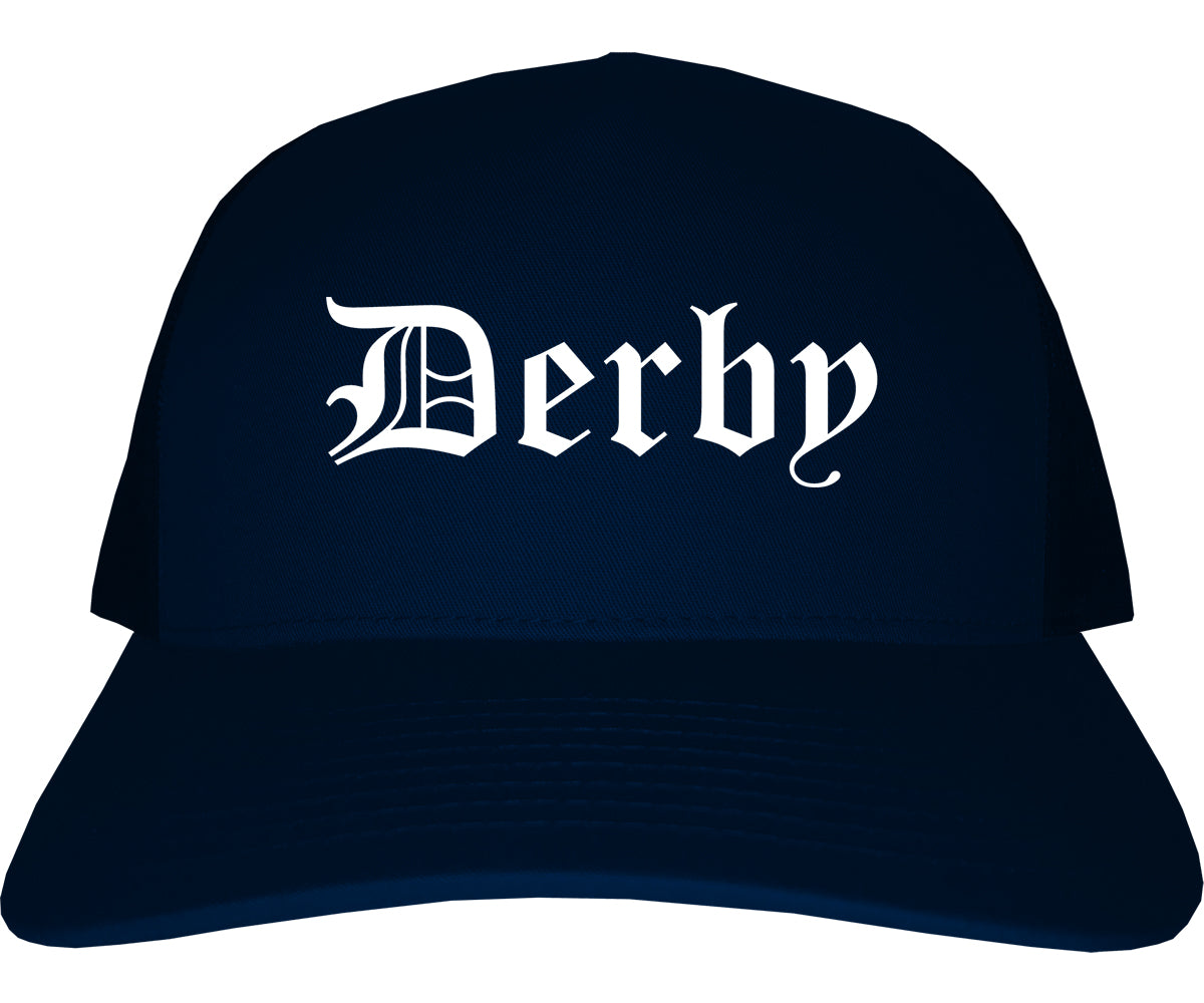 Derby Connecticut CT Old English Mens Trucker Hat Cap Navy Blue