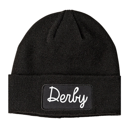 Derby Connecticut CT Script Mens Knit Beanie Hat Cap Black