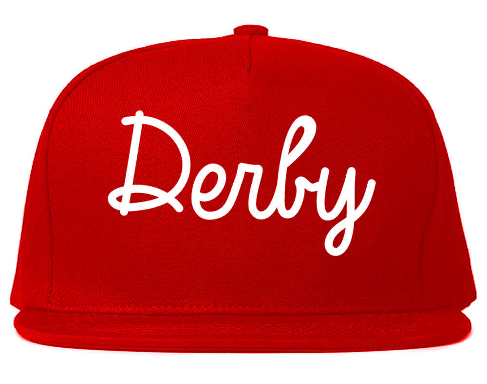 Derby Connecticut CT Script Mens Snapback Hat Red