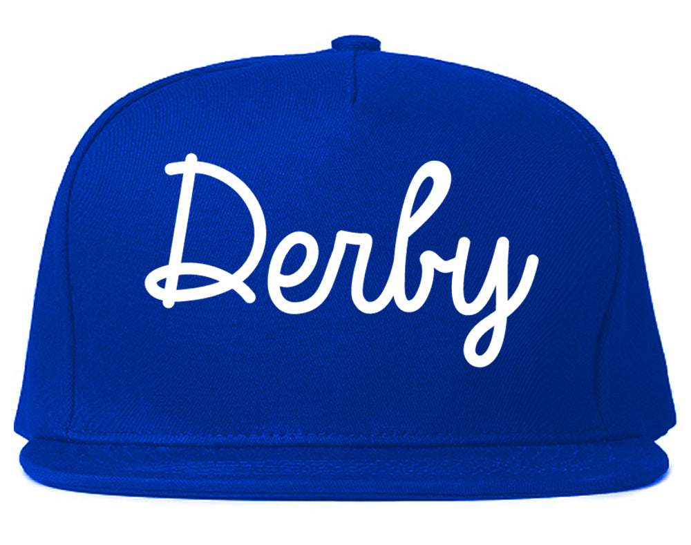 Derby Connecticut CT Script Mens Snapback Hat Royal Blue