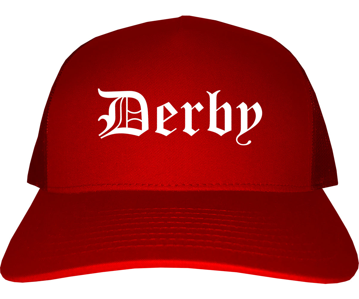 Derby Kansas KS Old English Mens Trucker Hat Cap Red
