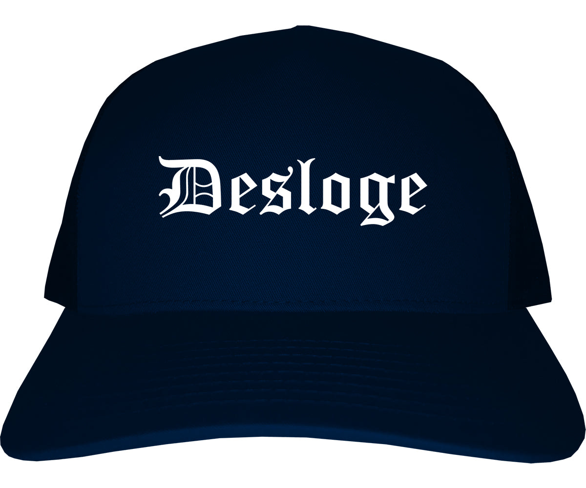 Desloge Missouri MO Old English Mens Trucker Hat Cap Navy Blue