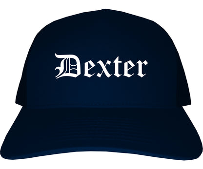 Dexter Missouri MO Old English Mens Trucker Hat Cap Navy Blue