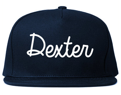 Dexter Missouri MO Script Mens Snapback Hat Navy Blue