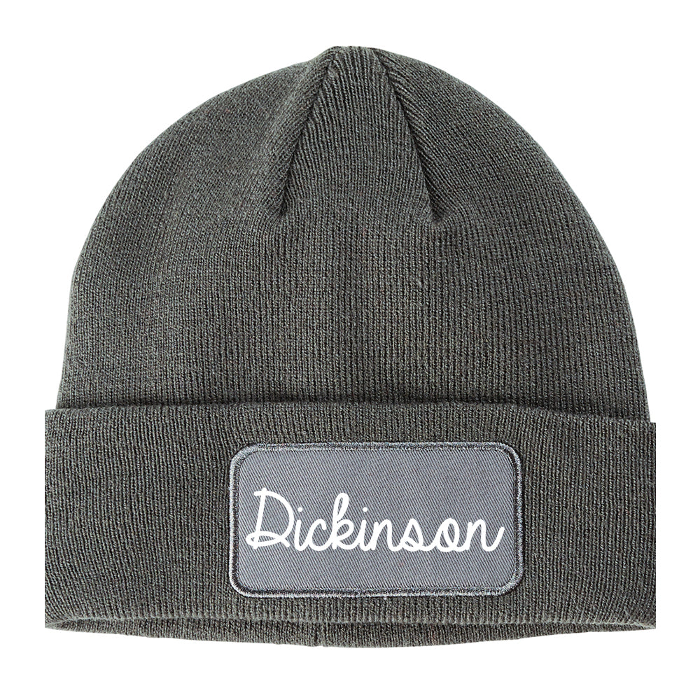 Dickinson Texas TX Script Mens Knit Beanie Hat Cap Grey