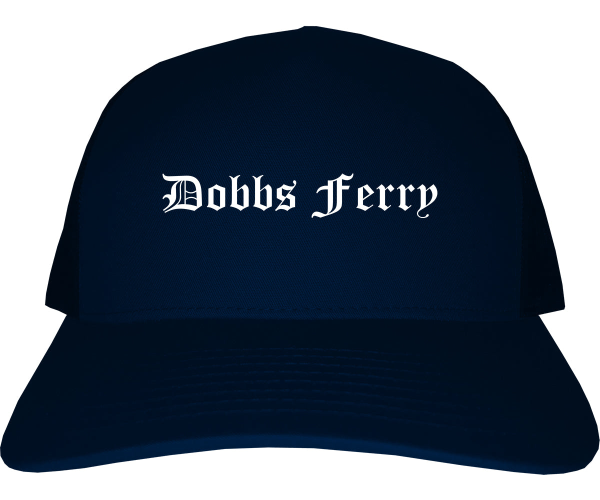 Dobbs Ferry New York NY Old English Mens Trucker Hat Cap Navy Blue