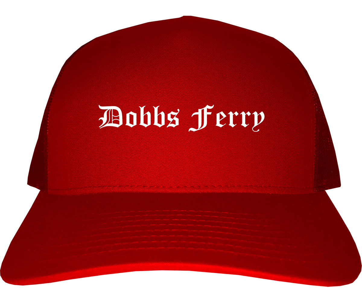 Dobbs Ferry New York NY Old English Mens Trucker Hat Cap Red