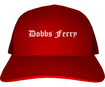 Dobbs Ferry New York NY Old English Mens Trucker Hat Cap Red