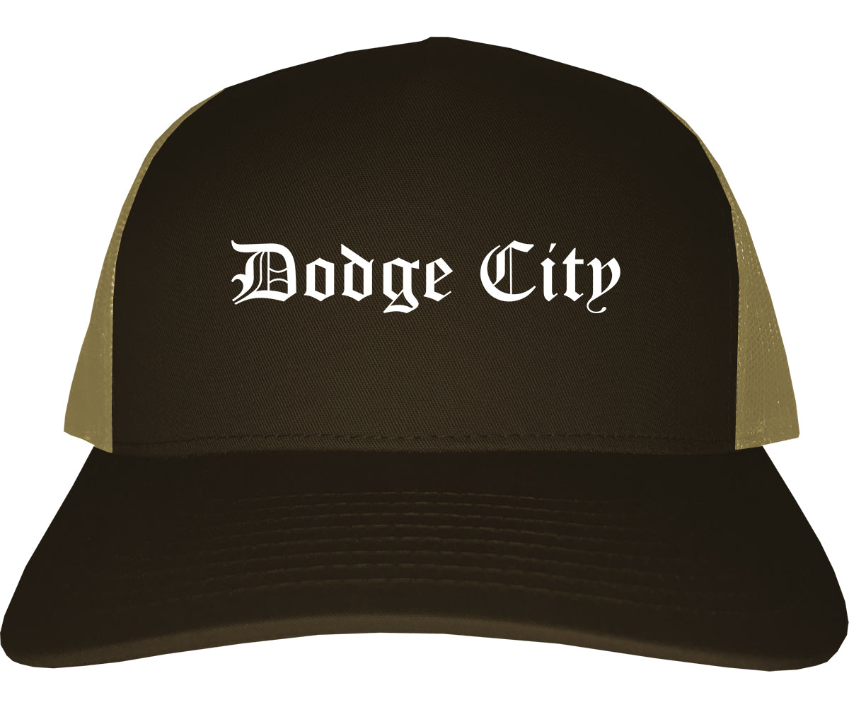 Dodge City Kansas KS Old English Mens Trucker Hat Cap Brown