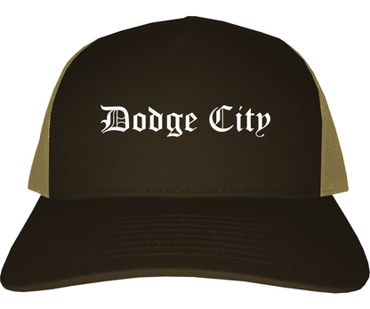 Dodge City Kansas KS Old English Mens Trucker Hat Cap Brown