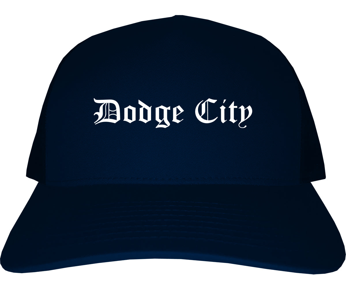 Dodge City Kansas KS Old English Mens Trucker Hat Cap Navy Blue