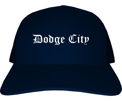 Dodge City Kansas KS Old English Mens Trucker Hat Cap Navy Blue