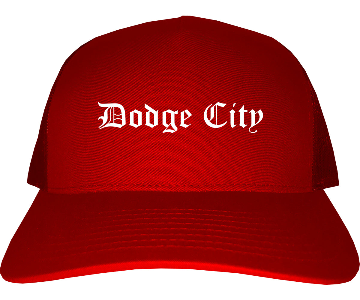 Dodge City Kansas KS Old English Mens Trucker Hat Cap Red