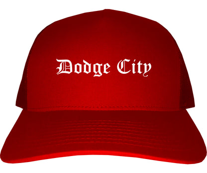 Dodge City Kansas KS Old English Mens Trucker Hat Cap Red