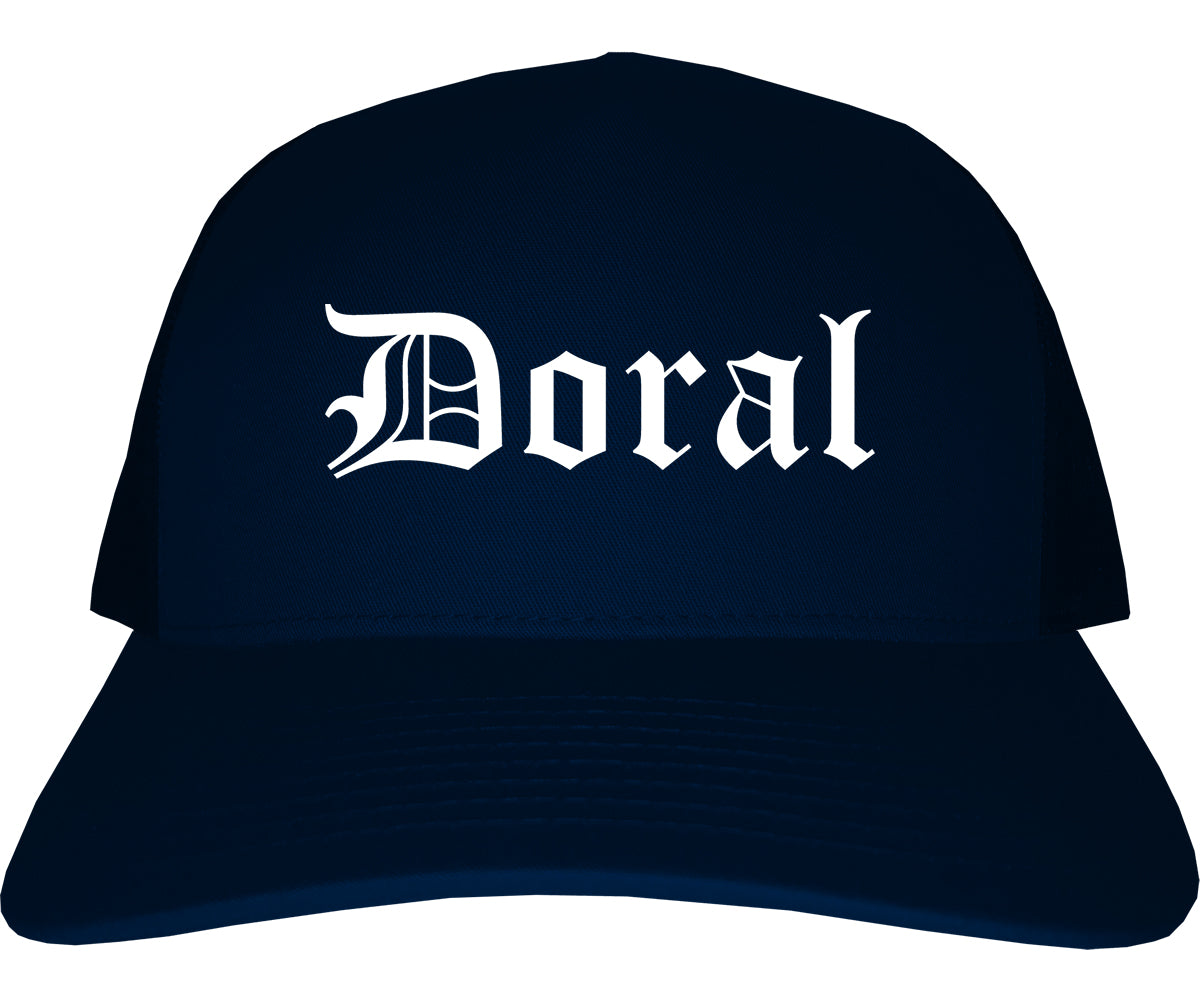 Doral Florida FL Old English Mens Trucker Hat Cap Navy Blue