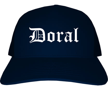Doral Florida FL Old English Mens Trucker Hat Cap Navy Blue