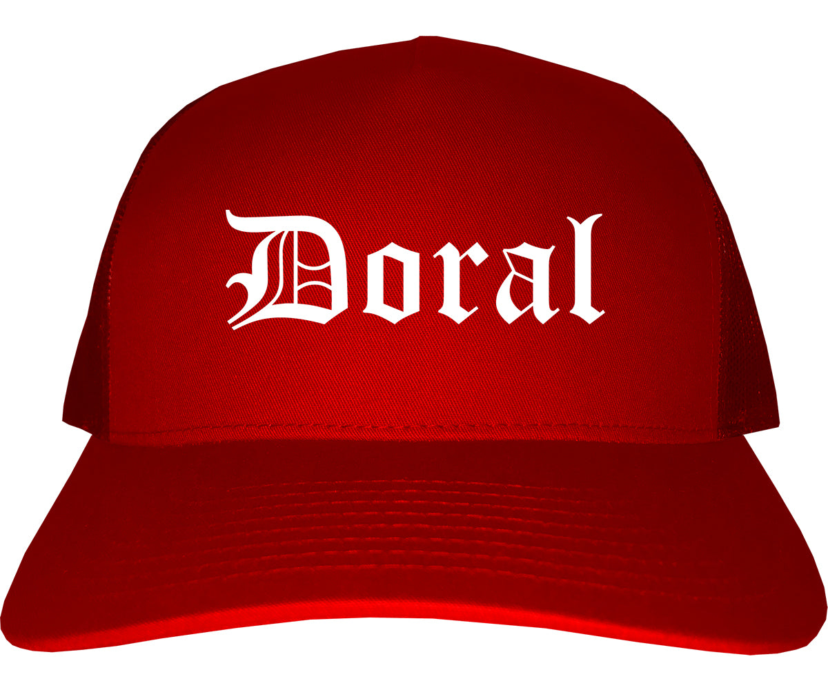 Doral Florida FL Old English Mens Trucker Hat Cap Red