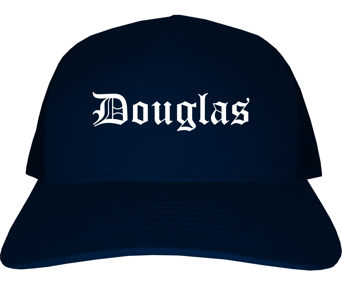 Douglas Georgia GA Old English Mens Trucker Hat Cap Navy Blue