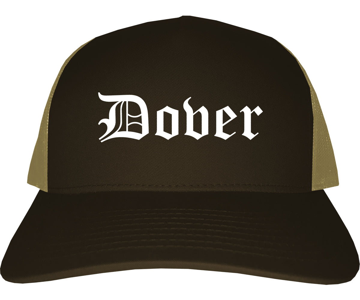 Dover Ohio OH Old English Mens Trucker Hat Cap Brown