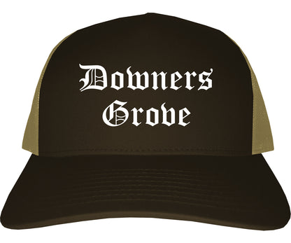 Downers Grove Illinois IL Old English Mens Trucker Hat Cap Brown