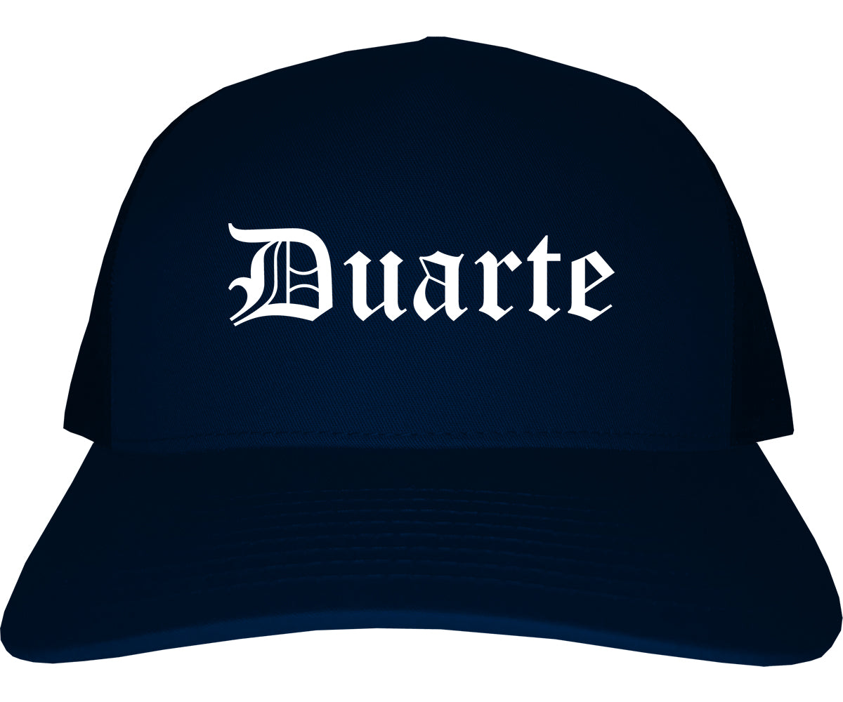 Duarte California CA Old English Mens Trucker Hat Cap Navy Blue