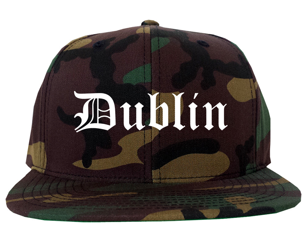 Dublin California CA Old English Mens Snapback Hat Army Camo