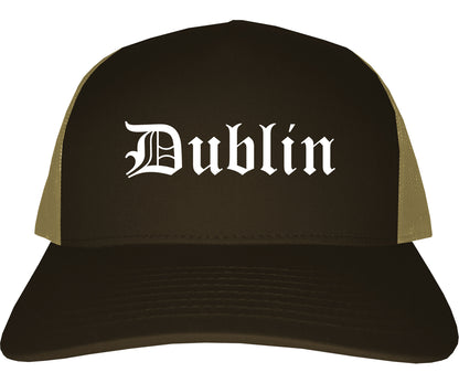 Dublin California CA Old English Mens Trucker Hat Cap Brown