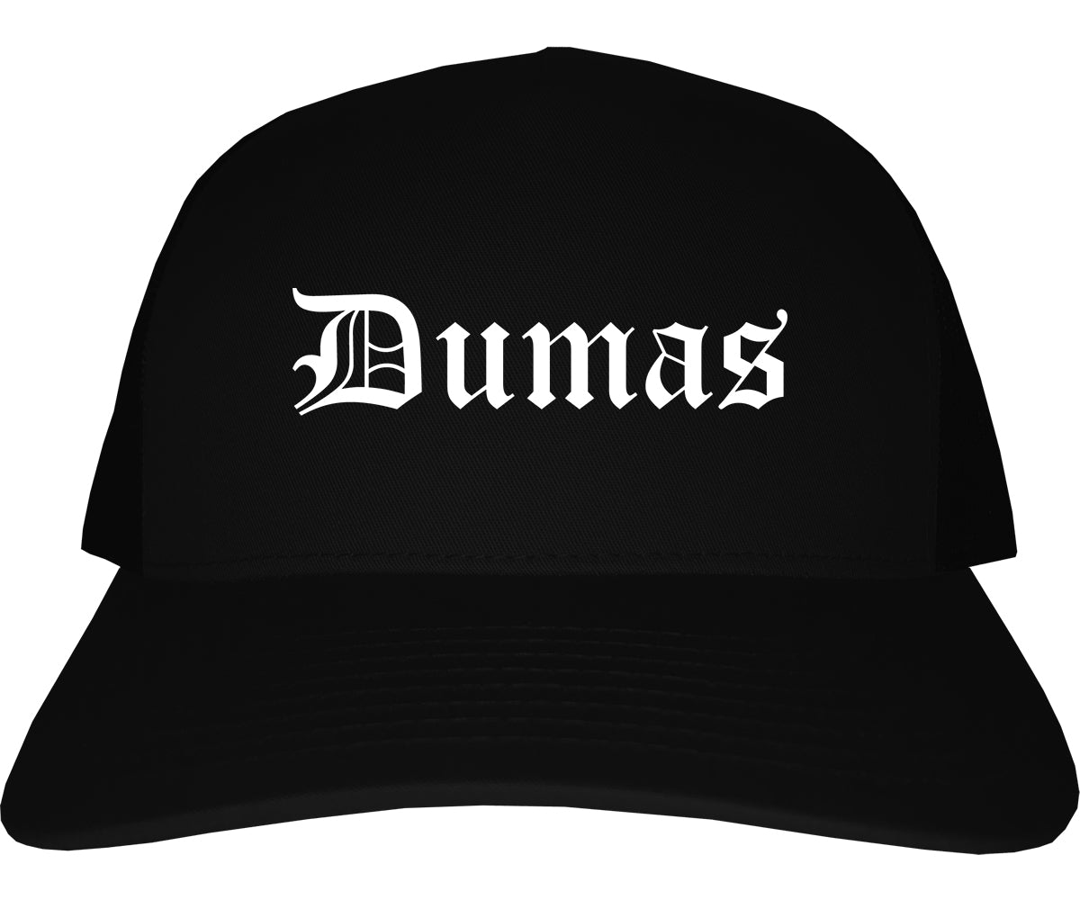 Dumas Arkansas AR Old English Mens Trucker Hat Cap Black