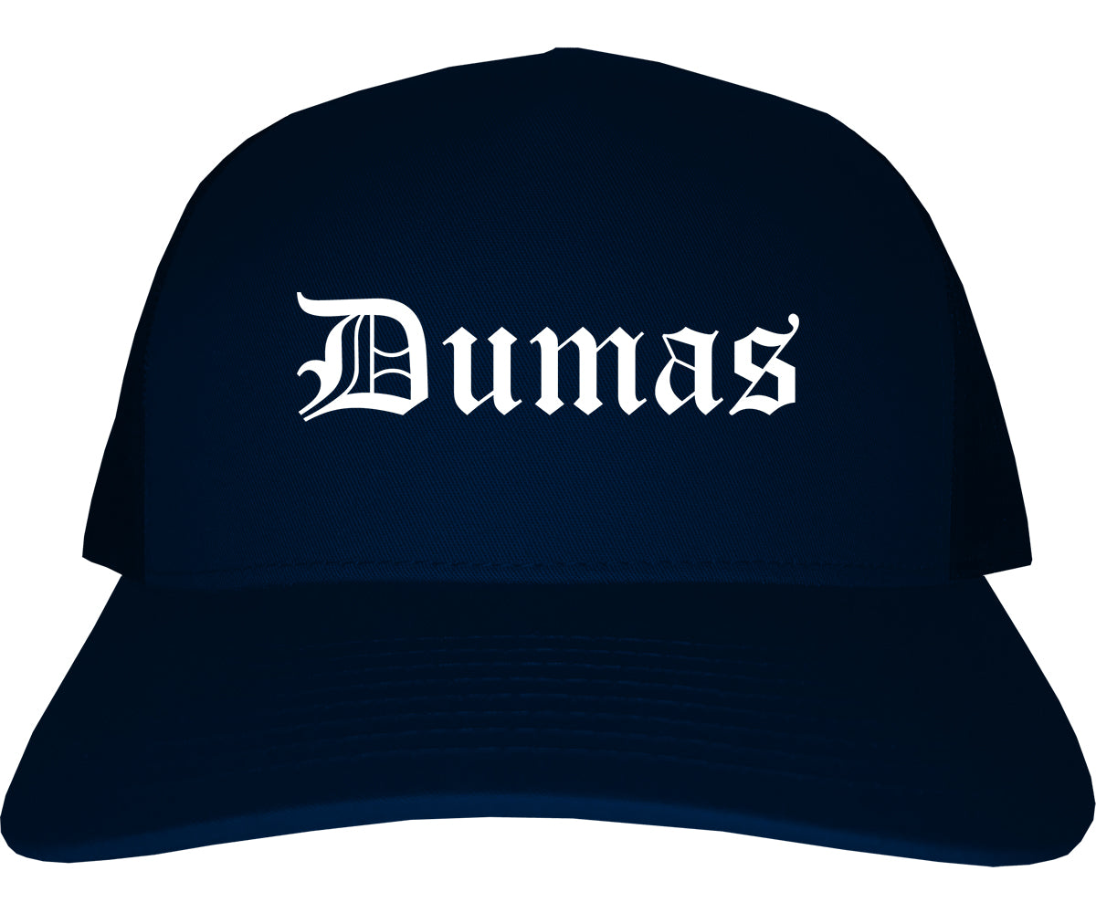 Dumas Arkansas AR Old English Mens Trucker Hat Cap Navy Blue