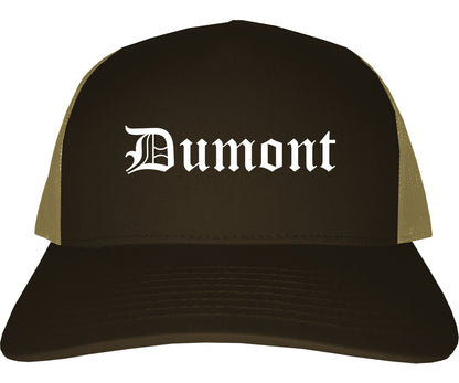 Dumont New Jersey NJ Old English Mens Trucker Hat Cap Brown