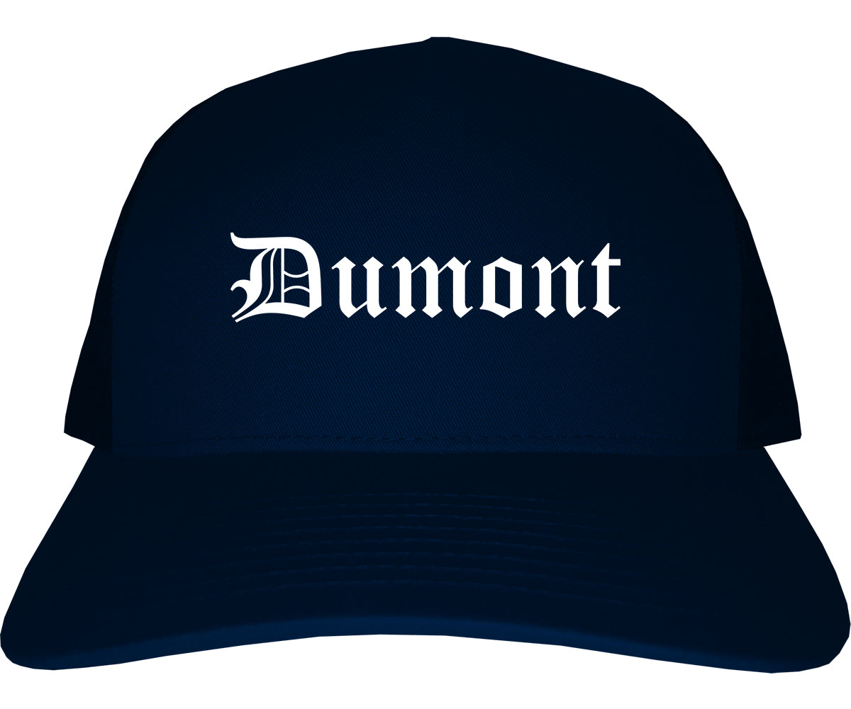 Dumont New Jersey NJ Old English Mens Trucker Hat Cap Navy Blue