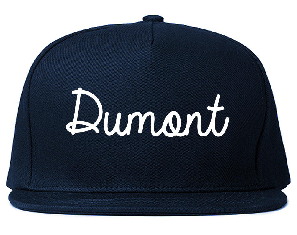 Dumont New Jersey NJ Script Mens Snapback Hat Navy Blue