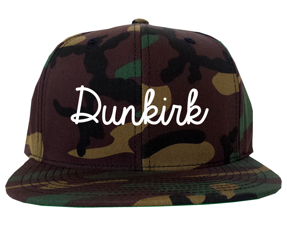 Dunkirk New York NY Script Mens Snapback Hat Army Camo