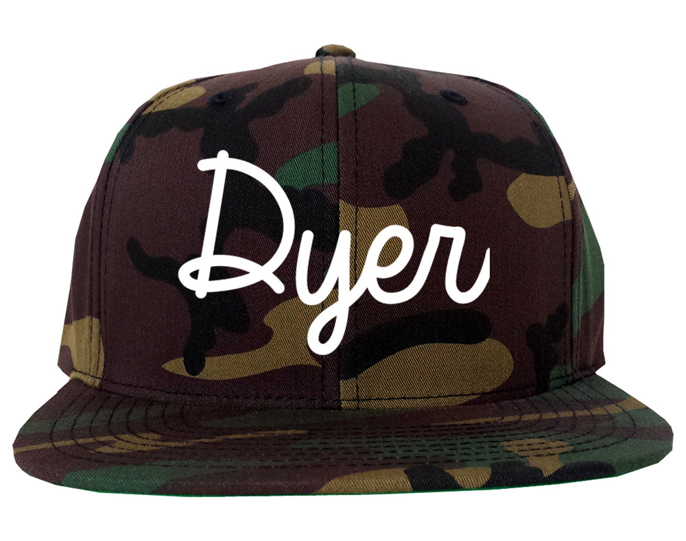 Dyer Indiana IN Script Mens Snapback Hat Army Camo