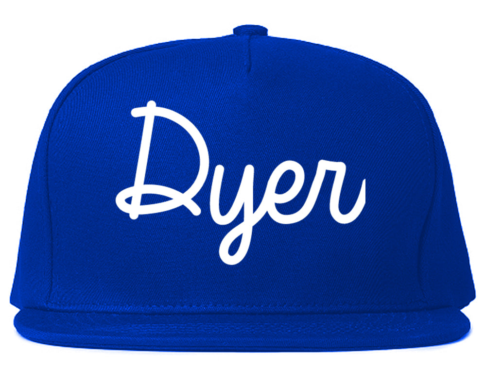 Dyer Indiana IN Script Mens Snapback Hat Royal Blue