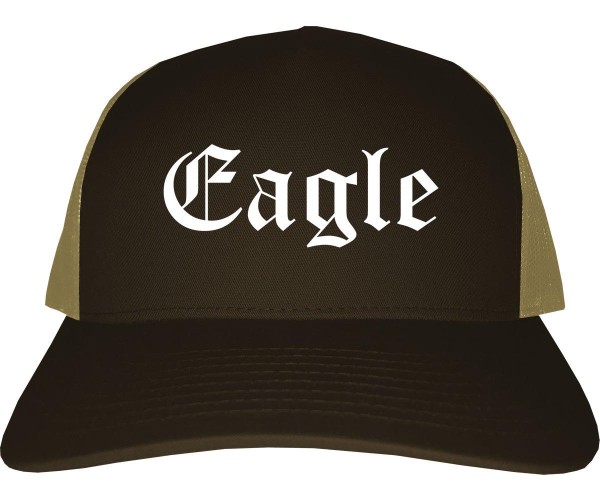 Eagle Idaho ID Old English Mens Trucker Hat Cap Brown