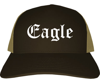 Eagle Idaho ID Old English Mens Trucker Hat Cap Brown