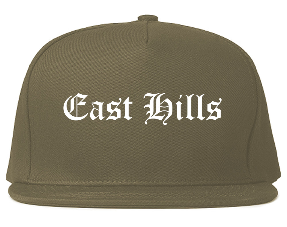 East Hills New York NY Old English Mens Snapback Hat Grey