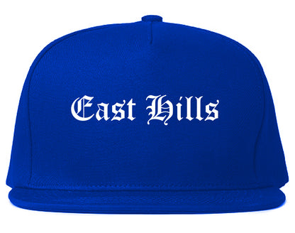 East Hills New York NY Old English Mens Snapback Hat Royal Blue