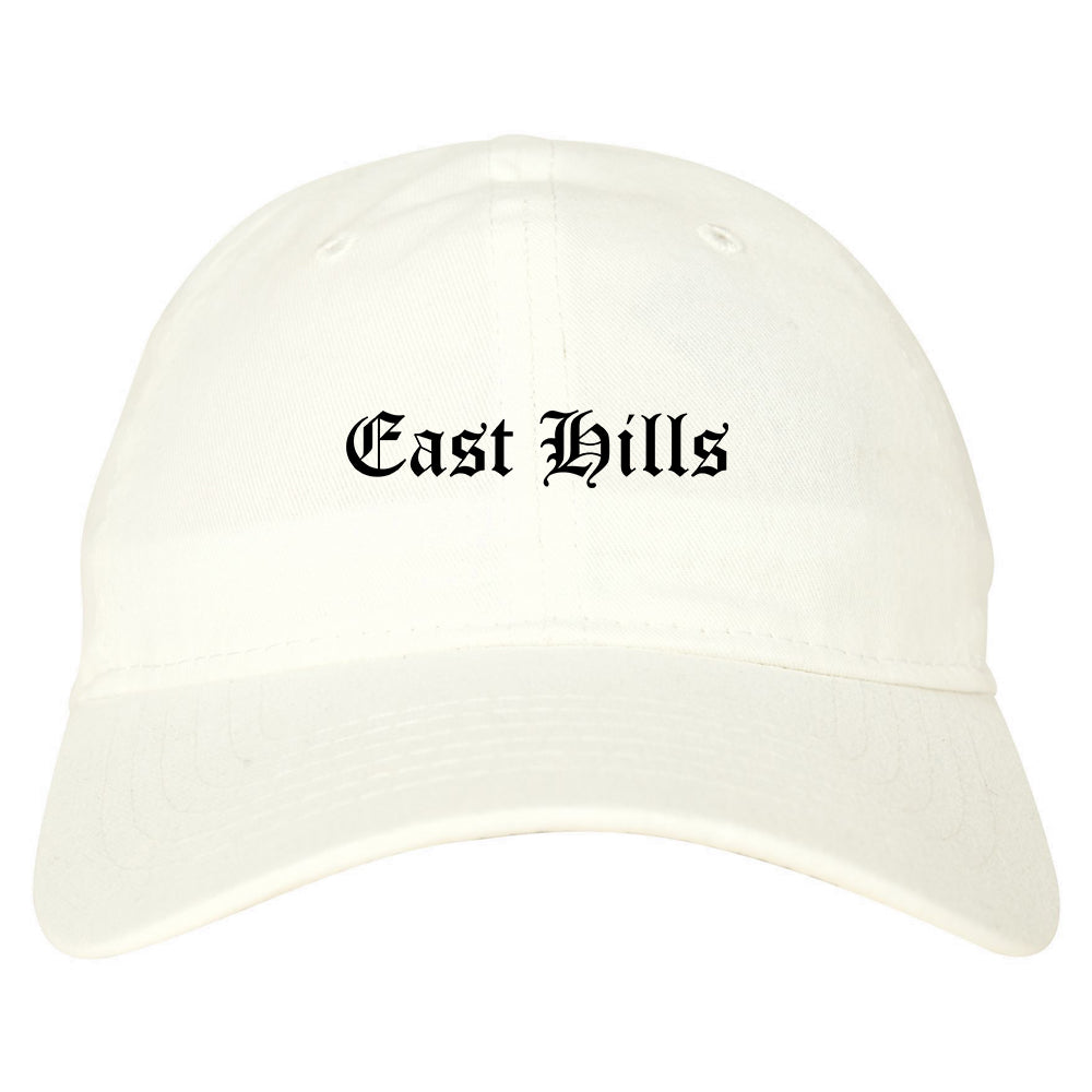 East Hills New York NY Old English Mens Dad Hat Baseball Cap White