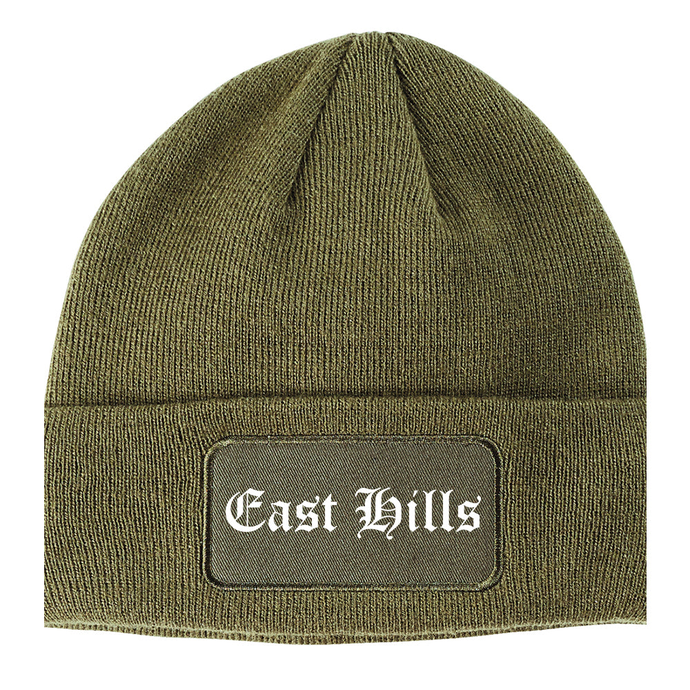 East Hills New York NY Old English Mens Knit Beanie Hat Cap Olive Green