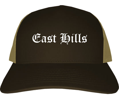 East Hills New York NY Old English Mens Trucker Hat Cap Brown