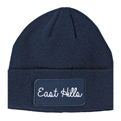 East Hills New York NY Script Mens Knit Beanie Hat Cap Navy Blue